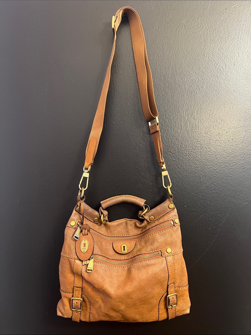 Fossil *Rare* Emilia Tan Leather Messenger Chest Bag With Top Handle And Key